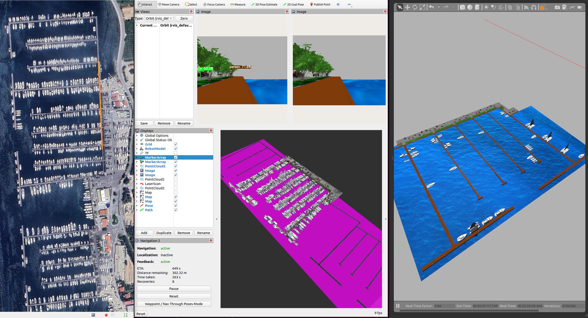 End-to-end MARINERO system: MapViz, trajectory, camera, YOLOv8, costmap, Gazebo.