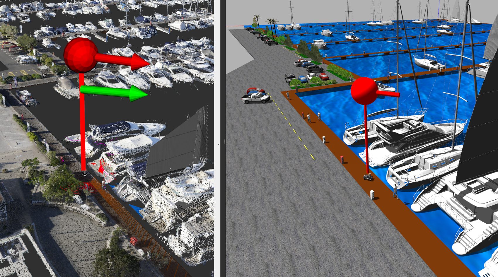 Synchronized RViz, Gazebo and MapViz visualization.